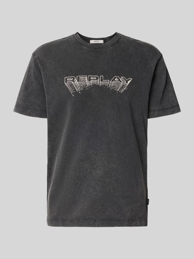 Produktfoto, Regular Fit T-Shirt aus reiner Baumwolle von Replay, dunkle Melange-Optik, Label-Detail, Rückenlänge Größe M 75 cm