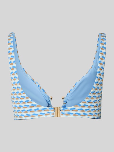 Produktfoto, Bikini-Oberteil im Allover-Look Modell 'MALA' von Seafolly, blau-weiß gemustert, Material-Mix mit Stretch-Anteil, Ring auf Vorderseite, Körpernahe Passform.
