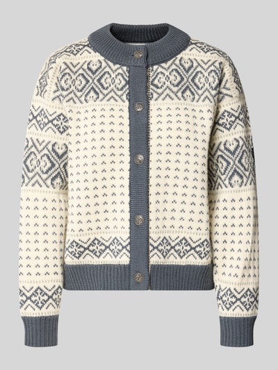 Produktfoto, Strickjacke aus Wolle im Allover-Look Modell 'HANNAH' von Dale of Norway in Creme und Blau mit Rundhalsausschnitt, Knopfleiste, feine Musterstrukturen, Damen Strickjacke, Regular Fit, Rückenlänge 52 cm, Ärmellänge 50 cm