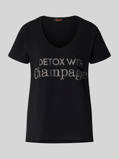 Productfoto, T-Shirt met Label-Detail van miss goodlife in zwart, katoen-elastaan mix, losse pasvorm, V-hals, tekstdetail op de voorkant.