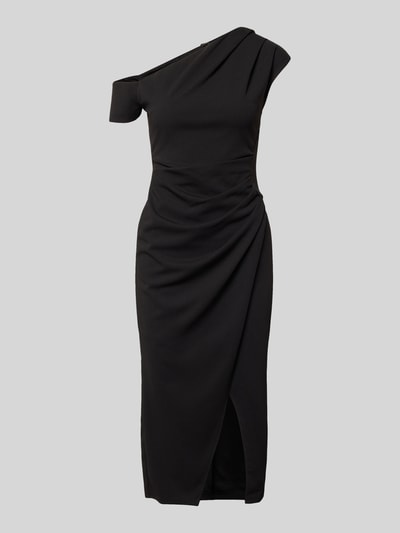 Produktfoto, schwarzes Damen Midikleid mit One-Shoulder-Design, Raffung, Gehschlitz, taillierter Passform, Elastischer-Material-Mix von Lipsy.