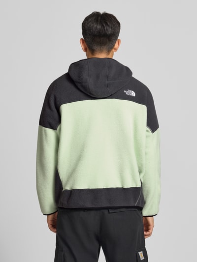 Männermodel trägt Fleecejacke mit Kapuze und Logo-Stitching von The North Face in Mintgrün und Schwarz, Ganzkörperansicht Rückansicht. Herren Fleecejacke, Regular Fit, Reißverschluss, seitliche Reißverschlusstaschen, Rückenlänge 72 cm, Ärmellänge 69 cm.