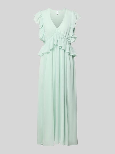Produktfoto, Cocktailkleid mit Volants Modell 'MUSSI' von YAS, fließender Stoff, Gerader-Schnitt, Midikleid, V-Ausschnitt, mintgrün
