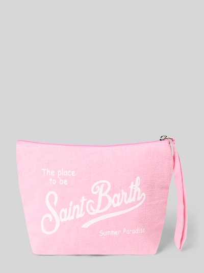 Produktfoto, Kosmetiktasche aus Leinen mit Statement-Print Modell 'ALINE' von MC2 Saint Barth in Rosa mit weißem Schriftzug, Hauptfach mit Reißverschluss, strukturierte Leinen-Oberfläche, Damen Kosmetiktasche.