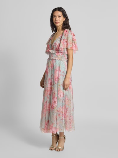 LACE & BEADS Knielanges Cocktailkleid mit V-Ausschnitt Hellgelb 1