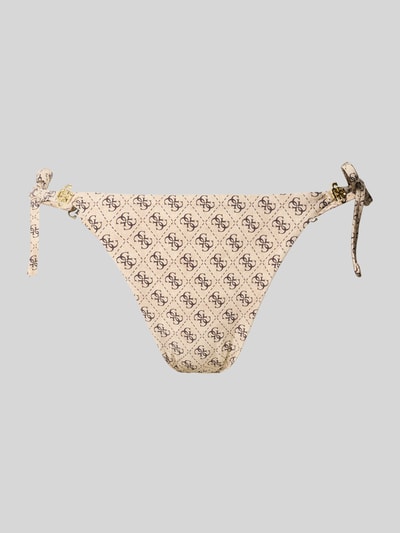 Produktfoto, Slim Fit Bikini-Hose mit Allover-Logo-Print von Guess im Elastischer-Material-Mix mit Logo-Detail, beige mit schwarzen Logos, glatte Textur.