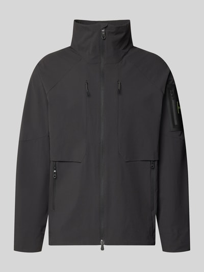 Produktfoto, Regular Fit Trainingsjacke mit Label Patch Modell 'OW_GLOBE' von BOSS Green, unifarbene Optik, Stehkragen, Zweiwege-Reißverschluss, elastische Bündchen, Reißverschlusstaschen, glatte schwarze Textur