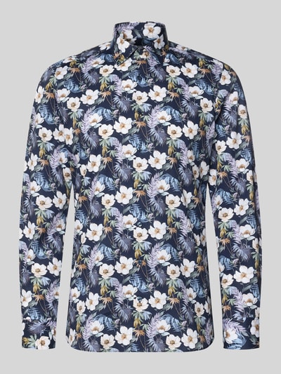 Produktfoto, Slim Fit Businesshemd aus Baumwoll-Mix mit Kentkragen von OLYMP, florales Muster in Dunkelblau, Knopfleiste, Langarm, elastisch