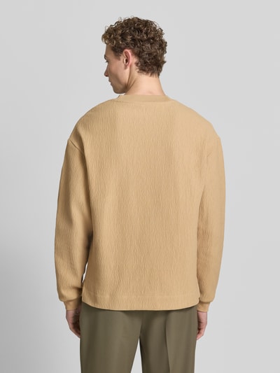 Mężczyzna nosi Regular Fit Sweatshirt aus Baumwoll-Mix model 'DENOLONG' od HUGO w kolorze beżowym o wyrazistej fakturze, Ganzkörperansicht Rückansicht.