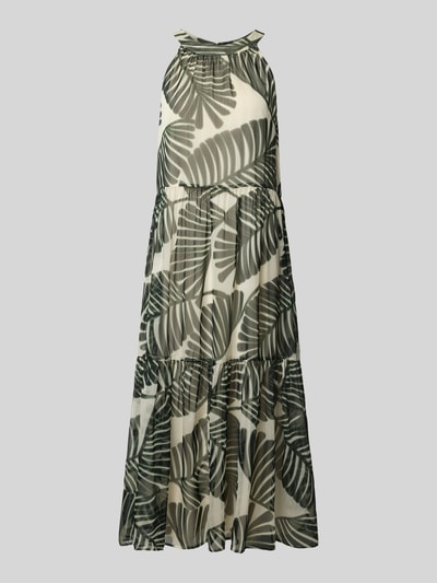 Produktfoto, Relaxed Fit Midikleid mit floralem Allover-Print von Christian Berg Woman Selection mit Rundhalsausschnitt, Falten-Optik, Ärmelloses-Design, Rückenlänge 122 cm, Brustweite 49 cm, florale Muster in Grün auf cremefarbenem Stoff.