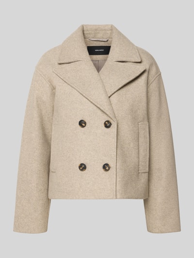 Produktfoto, Cropped Trenchcoat mit doppelreihiger Knopfleiste Modell 'VINCELINE' von Vero Moda in Beige, Boxy Fit, Reverskragen, Langarm, seitliche Eingrifftaschen, unifarbene Optik, melierte Textur