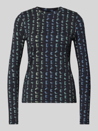 Produktfoto, bluzka z długim rękawem z nadrukiem z logo Longsleeve mit Label-Print von Marc Cain, Mieszanka materiałów z dodatkiem streczu, dopasowany krój, okrągły dekolt, długość tyłu w rozmiarze 36: 56 cm, czarny z kolorowymi nadrukami, gładka tekstura