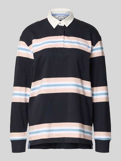 Produktfoto, Longsleeve mit Polokragen und verdeckter Knopfleiste von JAKE*S STUDIO WOMAN in Reine Baumwolle, Relaxed-Fit, gestreift in Schwarz, Beige und Blau, Rückenlänge 67 cm bei Größe S.