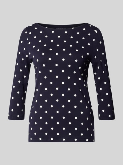 Produktfoto, Shirt aus reiner Baumwolle mit 3/4-Arm von Christian Berg Woman, dunkelblau mit weißen Punkten, taillierte Passform, U-Boot-Ausschnitt, Rückenlänge bei Größe 36: 60 cm