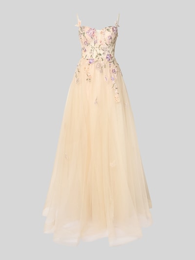 Produktfoto, Abendkleid aus Tüll mit Stitchings von Unique in A-Linie als Maxikleid mit Spaghettiträgern, zarte Textur, Cremefarben, Stickdetails, rückseitiger Reißverschluss. Rückenlänge Größe 36: 130 cm, Brustweite: 28 cm.