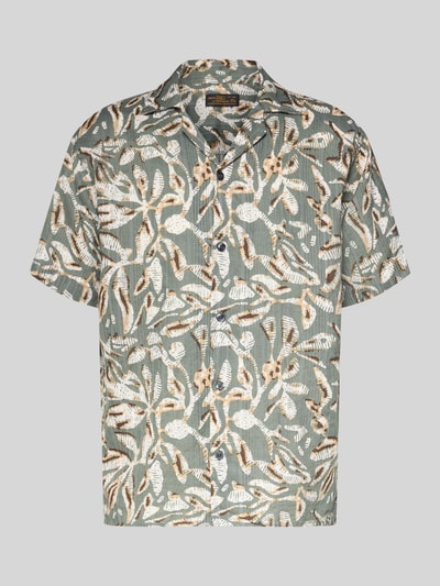 Produktfoto, Regular Fit Freizeithemd im Allover-Look Modell 'BILBAO' von Jack & Jones Premium, grüne Baumwolle mit beigem und braunem Blätter-Muster, Reverskragen