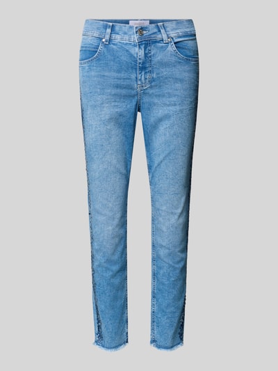 Produktfoto, Slim Fit Jeans aus Baumwoll-Mix Modell 'Ornella' von Angels in hellem Blau, 5-Pocket, Galonstreifen, 7/8-Länge, Fransenabschluss