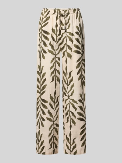 Produktfoto, broek van mix van viscose en linnen model 'Ca44talina' van ZABAIONE, relaxed fit, elastische band met tunnelkoord, dames, bandwijdte maat S 36 cm, binnenbeenlengte 75 cm, licht beige met groene bladprint, gladde stofstructuur