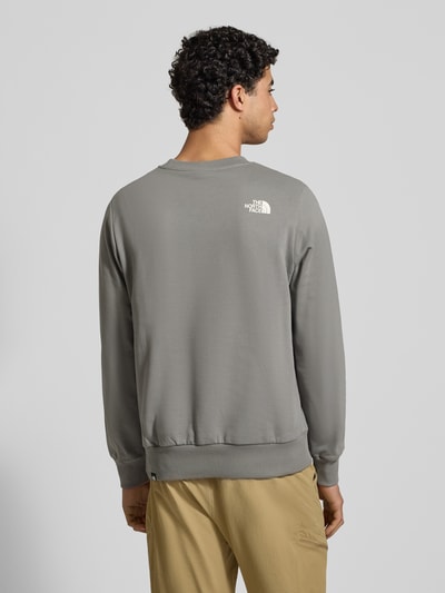 Männermodel trägt Sweatshirt mit Label-Print van The North Face, grijs katoen, losse pasvorm, geribde boorden, geheel van achteren.