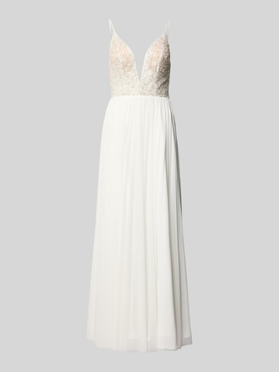 Produktfoto, Abendkleid mit Ziersteinbesatz von Hey Kyla in Weiß, taillierte Passform, Falten-Optik, Spaghettiträger, blickdicht.