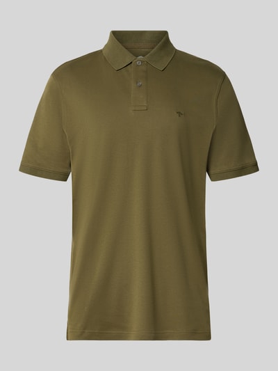 Produktfoto, Regular Fit Poloshirt mit Logo-Stitching von Fynch-Hatton aus reiner Baumwolle in Olivgrün, glatte Textur, Polokragen, kurze Knopfleiste