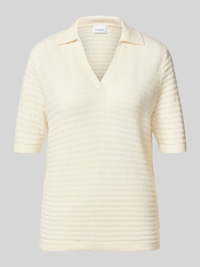 Productfoto, Regular Fit Poloshirt aus katoenmix van comma, dames poloshirt in tricotlook met polokraag en 1/2-mouwen, crème, structuurpatroon