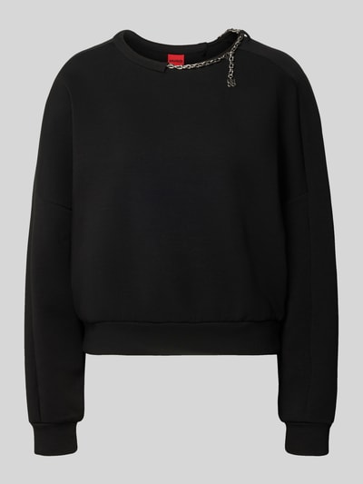 Produktfoto, schwarzes Boxy Fit Sweatshirt aus Baumwoll-Mix Modell 'Denrietta' von HUGO, glatte Struktur, Damen Sweatshirt von HUGO.
