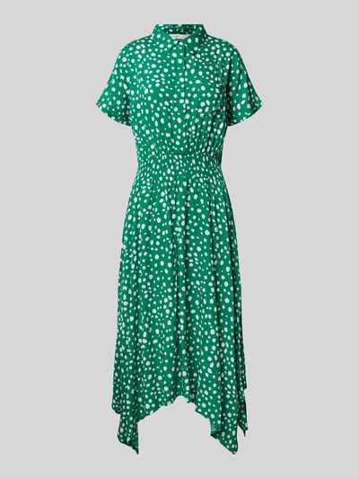 Produktfoto, Hemdblusenkleid aus Viskose in asymmetrischem Look von Apricot, grün mit weißen Punkten, Taillierter Schnitt, Midikleid, Hemdblusenkragen, elastisches Taillenband, Rückenlänge 126 cm bei Größe S, Brustweite 41 cm, Ärmellänge 13 cm, feine fließende Textur
