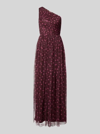 Produktfoto, Maxikleid im One-Shoulder-Look von LACE & BEADS in Bordeaux mit rosa Punkten, Mesh, A-Linie, Drapierungen, stilvolle Textur