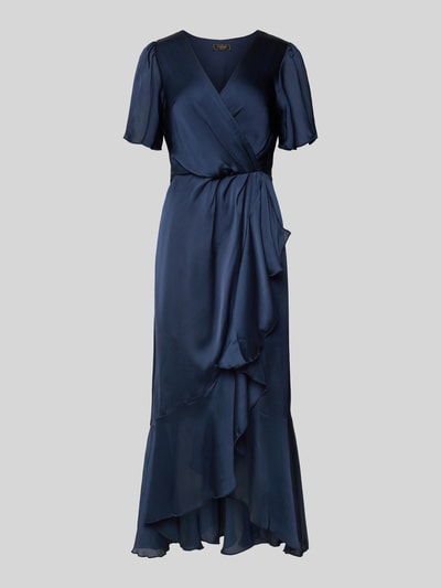 Produktfoto, Cocktailkleid in Wickel-Optik mit V-Ausschnitt von Lipsy, dunkelblauer Satin, Maxikleid mit Volantsaum, taillierter Schnitt