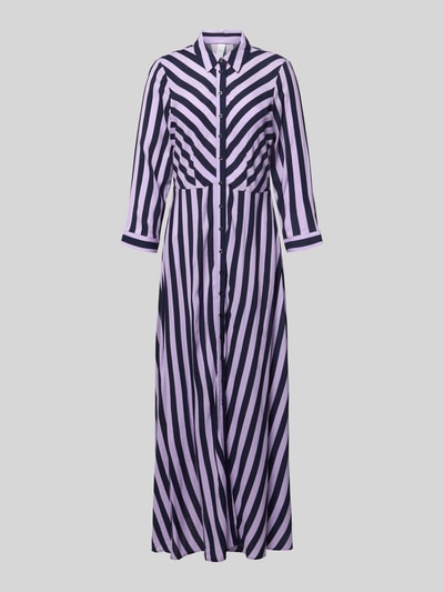 Produktfoto, Hemdblusenkleid aus Viskose mit 3/4-Arm Modell 'SAVANNA' von YAS, getailleerd model, Maxi-jurk, overhemdkraag, Knoopsluiting, paars met zwarte diagonale strepen, gladde textuur, Ruglengte maat S 139 cm, Borstwijdte maat S 45 cm, Mouwlengte maat S 49 cm