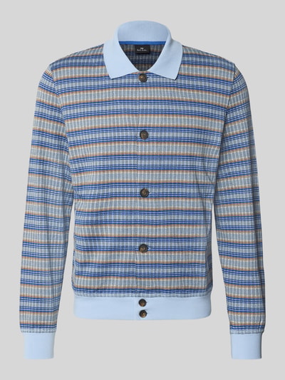 Produktfoto, Strickjacke aus Baumwoll-Mix von Paul Smith mit blau-braunem Streifenmuster, lockere Passform, elastische Abschlüsse, Knopfleiste, Rückenlänge 65 cm, Ärmellänge 70 cm