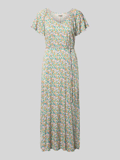 Produktfoto, Midikleid aus Viskose-Mix Modell 'Aya' von ICHI im floralen Allover-Print, taillierte Passform, kurzes Arm-Design, Taillenband, bunte Farben, glatte Textur
