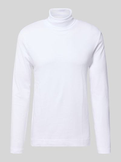Produktfoto, Regular Fit Longsleeve aus reiner Baumwolle mit Rollkragen von Christian Berg Men, weiß, glatte Struktur, elastische Abschlüsse, Rückenlänge 70 cm bei Größe M.