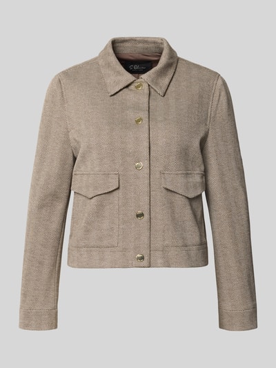Produktfoto, Regular Fit Hemdjacke mit Viskose-Anteil von s.Oliver BLACK LABEL in Beige mit feiner Fischgrät-Textur und goldfarbenen Knöpfen.