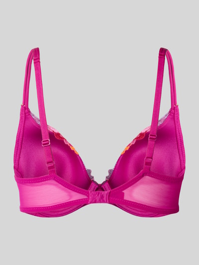 Produktfoto, Triangel-BH mit Spitze Modell 'ODILLY' von Marie Jo in kräftigem Pink, Material-Mix mit Stretch-Anteil, strukturierte Oberfläche, vorn sichtbarer Strassanhänger, doppelte verstellbare Spaghettiträger, Rückseite mit Hakenverschluss.