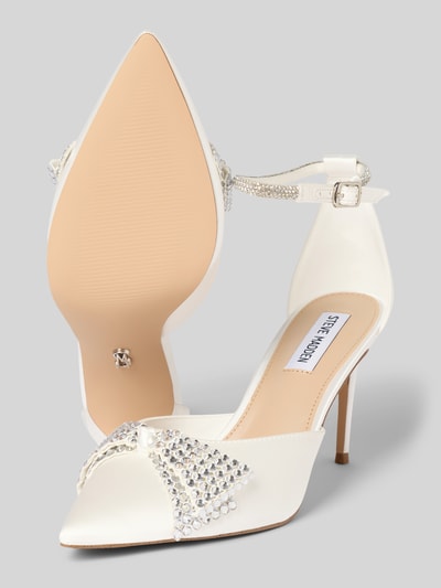 Produktfoto, Pumps mit Strasssteinbesatz Modell 'Last Dance' von Steve Madden in Weiß, spitz zulaufend, Pfennigabsatz, Zierschleife, glatte Sohle