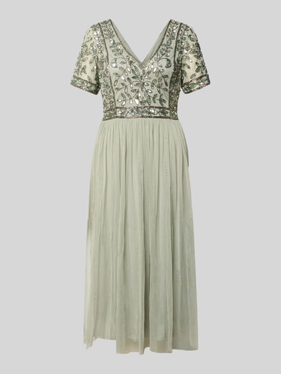 Produktfoto, Knielanges Kleid mit floralem Pailettenbesatz von LACE & BEADS, taillierte Passform, V-Ausschnitt, Mesh, Kurzarm, hellgrün