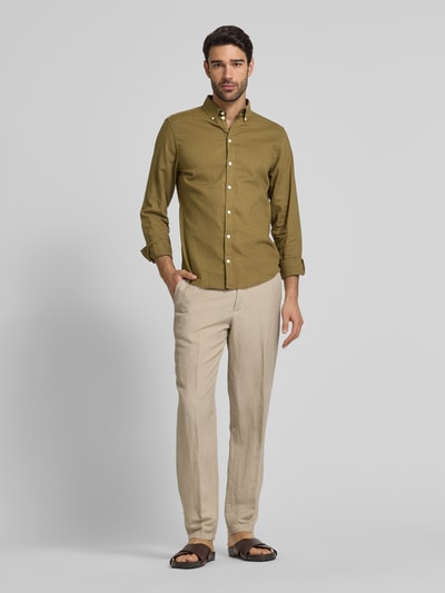 Casual Friday Regular Fit Leinenhemd mit Button-Down-Kragen Modell 'Anton' Oliv 1