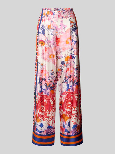 Produktfoto, Wide Leg Hose aus Viskose Modell 'wild Flower' von miss goodlife, floraler Print in Rosa, Orange und Blau, Knopfverschluss, strukturierte Teilungsnähte, Bundweite 35 cm, Innenbeinlänge 88 cm.