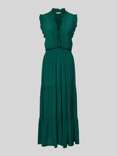 Produktfoto, Maxikleid aus Viskose mit V-Ausschnitt und Rüschen von Apricot in sattem Grün, A-Linie, Stufen-Look, strukturierte Optik