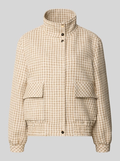 Produktfoto, Jacke im Allover-Look mit Pattentaschen van Marc Cain voor dames, katoenmix met viscose, regular fit, opstaande kraag, beige-wit geruit, textuurrijk, Rechte ruglengte 59 cm, borstwijdte 49 cm, mouwlengte 45 cm
