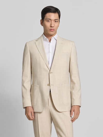 Männermodel trägt Regular Fit Anzugsakko mit Woll-Anteil Modell 'JANSON' von BOSS in Melange-Optik, Twill, Ganzkörperansicht von vorne.