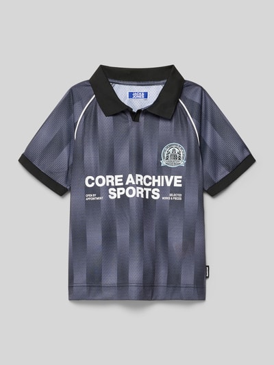 Productfoto, donkerblauw tricotshirt met polokraag en print, model 'BREEZE FOOTBALL' van Jack & Jones, regular fit voor kinderen, ruglengte bij maat 140: 53 cm