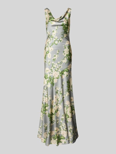 Produktfoto, Abendkleid mit tiefem Rückenausschnitt von Mascara, figurbetontes Maxikleid aus glänzendem Satin mit floralem Muster in Grün und Creme, Wasserfall-Ausschnitt, breite Träger, sanfte Textur, rückenlanger Haken- und Reißverschluss