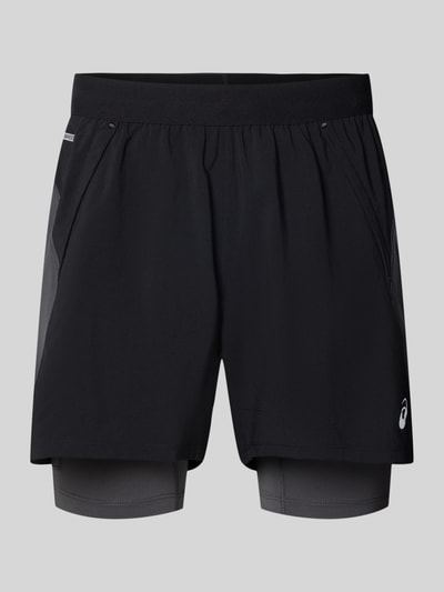 Produktfoto, Regular Fit Shorts met geïntegreerde Tights Model 'Road' van ASICS TIGER, zwart met grijs, elastische band, logodetail, Bandwijdte maat M: 38 cm, Binnenbeenlengte maat M: 12 cm