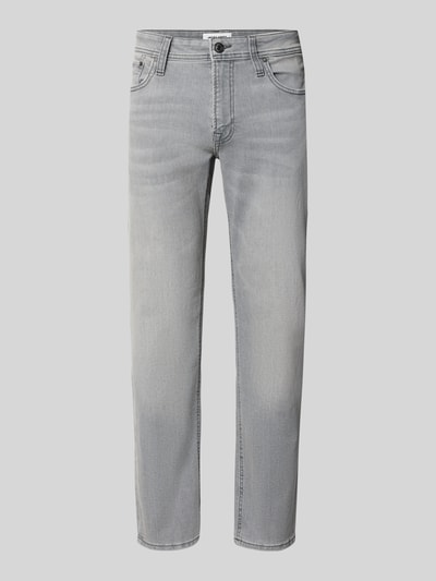 Produktfoto, szare jeansy Straight Fit z dodatkiem streczu Model 'MIKE' od JACK & JONES, mieszanka bawełny i elastanu, 5 kieszeni, zapięcie na guzik i zamek błyskawiczny, szerokość w rozmiarze 32/32: 44 cm, długość wewnętrzna nogawki: 78 cm