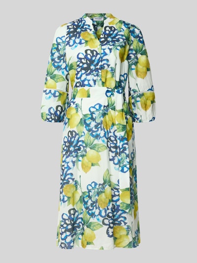 Produktfoto, sukienka midi z kołnierzem z lamówką i listwą guzikową 'Midikleid mit Tunikakragen und Knopfleiste' von More & More, bawełna, linia a, wzór na całej powierzchni, rękaw o dł. 3/4, długość tyłu w rozmiarze 36: 114 cm, szerokość w rozmiarze 36: 44 cm, długość rękawów w rozmiarze 36: 50 cm