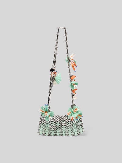 Produktfoto, Shoulder Bag in Ketten-Optik von Rabanne mit offenem Hauptfach, abnehmbare Schulterriemen, florale Applikationen, silberfarben, Akzente in Mint und Orange, Logo-Prägung, Breite 17 cm, Länge 10 cm, Tiefe 3 cm.