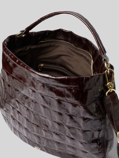 Produktfoto, Crossbody Bag mit Steppnähten Modell 'MIA' von Abro, glanzend donkerbruin doorgestikt leer, goudkleurige details, hoofvak met ritssluiting, afneembare schouderband, korte draagband, labeldetail, binnenvak met ritssluiting, breedte 40 cm, lengte 35 cm, diepte 10 cm, schouderbandlengte 120 cm